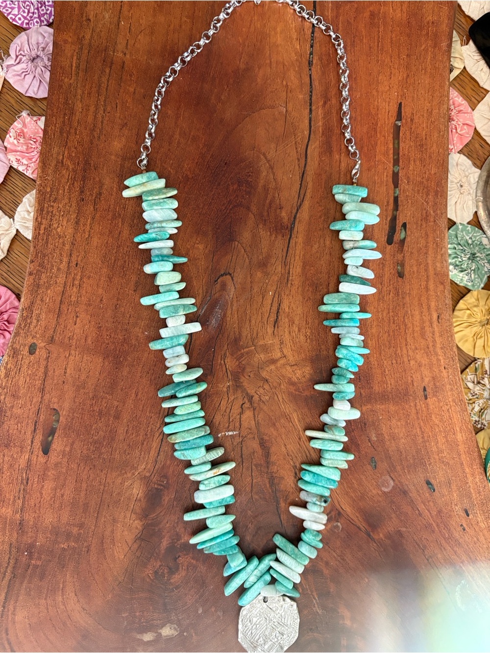 Turquoise Amazonite Beaded Necklace with Silver Coin Pendant